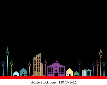 Vector cityscape black background at night, icons, logos, illustrations