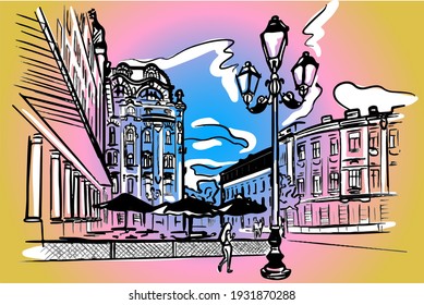 Vector cityscape in black lines doodle with gradient on background. Odessa, Ukraine