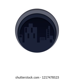 vector cityscape in blue tone of circle paper cut border 