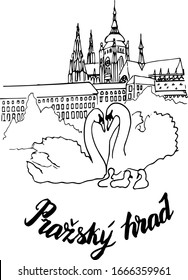 Vector  Cityscape of Charles bridge and swans on the Vltava river in Prague. Landmark Of Prague, Czech Republic.Handwritten inscription "Prague castle". for design or coloring pages for children 