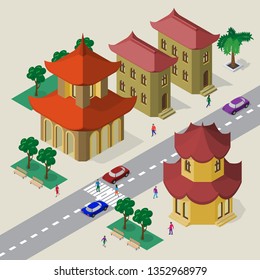 Vector cityscape in east asia style. Set of isometric asian buildings, pagoda, roadway, benches, trees, cars and people.