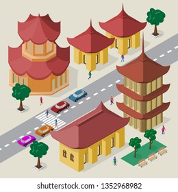 Vector cityscape in east asia style. Set of isometric asian buildings, pagoda, roadway, benches, trees, cars and people.