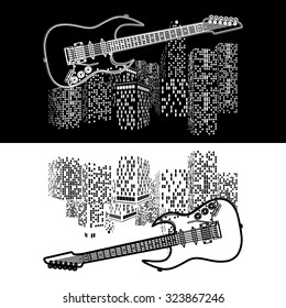 Vector cityscape with an electric guitar in the foreground, two projections made in white on a black background and black on a white background.It can be used as background black or white, any size.