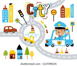 Vector of cityscape elements cartoon with funny cop on car