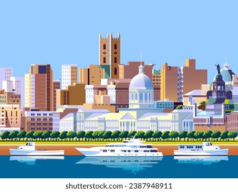 Vectorcityscape mit Dämmen und Yachten im ersten Plan und Altstadt im Hintergrund. Handgefertigte Zeichenkette, Vektorgrafik. Kann für Poster, Banner, Postkarten etc. verwendet werden.