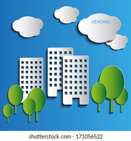 Vector cityscape of green trees and high-rise building