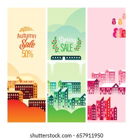 Vector Cityscape Illustration with buildings and clouds, design for banners, cards or screen