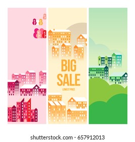 Vector Cityscape Illustration with buildings and clouds, design for banners, cards or screen
