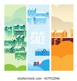 Vector Cityscape Illustration with buildings and clouds, design for banners, cards or screen