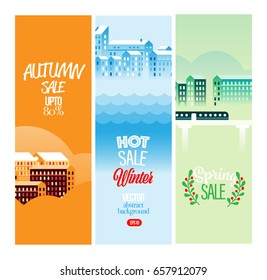 Vector Cityscape Illustration with buildings and clouds, design for banners, cards or screen