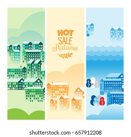 Vector Cityscape Illustration with buildings and clouds, design for banners, cards or screen