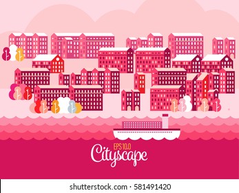 Vector Cityscape Illustration with buildings and ship in spring, design for banners or cards or screen