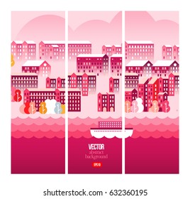 Vector Cityscape Illustration with buildings and ship in spring or summer, design for banners or cards or screen