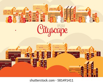 Vector Cityscape Illustration with buildings and trees in fall, design for banners or cards or screen 