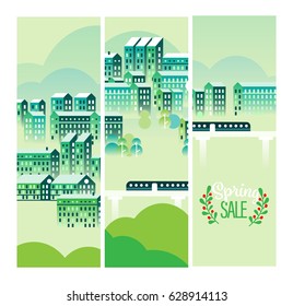 Vector Cityscape Illustration with buildings and trees in spring, design for banners or cards or screen