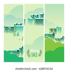 Vector Cityscape Illustration with buildings and trees in spring, design for banners or cards or screen