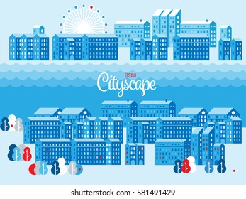 Vector Cityscape Illustration with buildings and water, design for banners or cards or screen