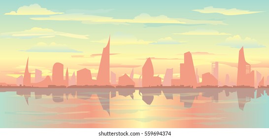 Vector cityscape illustration city silhouette, cloudy sky and reflection on water