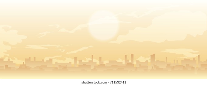 vector cityscape illustration. cloudy sky and rooftops. skyline in sandstorm