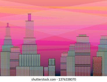 vector cityscape illustration, modern buildings and flash lights of the metropolis