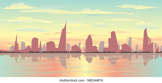 Vector cityscape illustration overlooking beach, clouds and ocean vector illustration