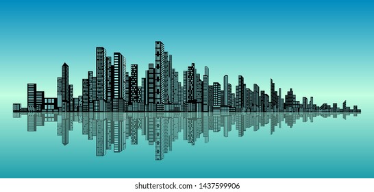 vector cityscape illustration with reflection on the water, illuminated modern buildings