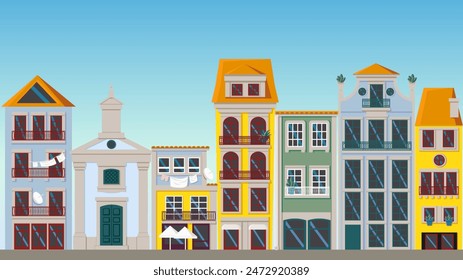 Vector cityscape illustration of a street in downtown, Portugal