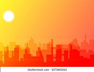 vector cityscape illustration, sunset sky and buildings silhouettes