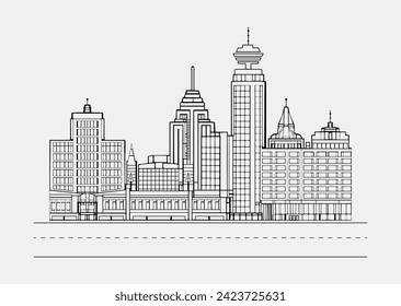 Vector Cityscape Line Drawing and Architecture Outline Illustration.