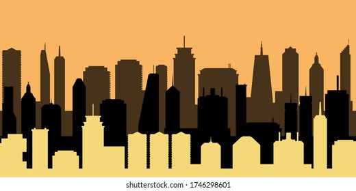 Vector cityscape. Modern city sunset illustration - skyscraper skyline.
