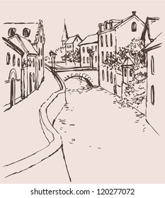 Vector cityscape of the narrow medieval street with bridge over the canal