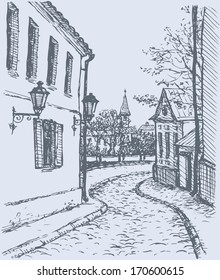 Vector cityscape. Narrow street of old town with access to the park near the church 