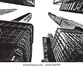 Vector cityscape with New York skyscrapers viewed from below.