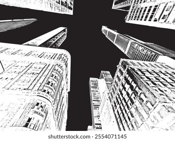 Vector cityscape with New York skyscrapers viewed from below.