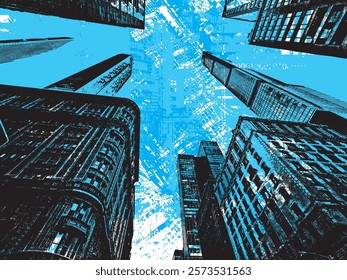 Vector cityscape with New York skyscrapers viewed from below.