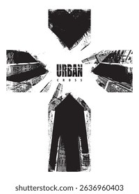 Vector cityscape with New York skyscrapers. On the theme of street art with the inscription urbanism. View from below or cross angle. T-shirt design, concept. Not used aI.