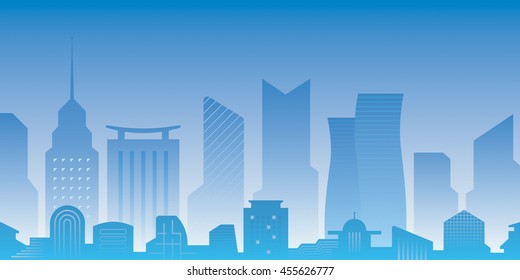 Vector cityscape. Night city silhouette. Set of different shape skyscrapers.