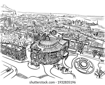 Vector cityscape of Odessa, Ukaine. Tha main buildings of historical architecture, The Black Sea