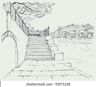 Vector cityscape. An old stone quay. Steps to the alley with a bench to rest
