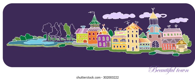 vector cityscape in old style  with buildings and trees