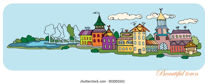 vector cityscape in old style  with buildings and trees