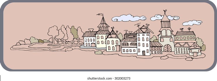 vector cityscape in old style  with buildings and trees