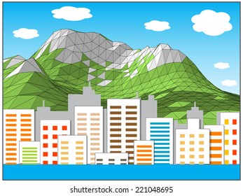 Vector cityscape on the background of mountains and sky with clouds
