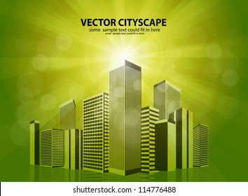Vector cityscape over shiny yellow background