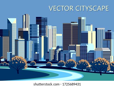 Vector cityscape with park and trees in the first plan and modern buildings in the background. Handmade drawing vector illustration.