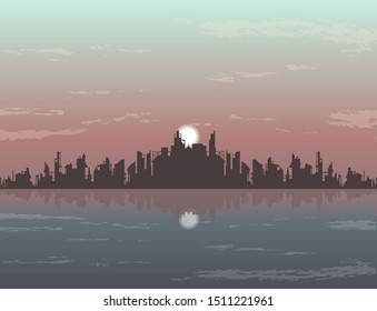 vector cityscape with reflection on the water, sunset skyline and clouds over the city. landmark illustration