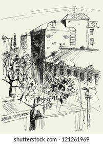 Vector cityscape. The roofs of apartment buildings and park trees behind the fence