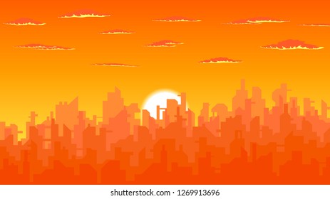 vector cityscape silhouette, city in the sunset and slouds in orange sky