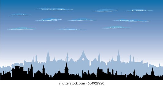 Vector cityscape silhouette, cloudy sky 
old town with towers, fortress and cathedral,