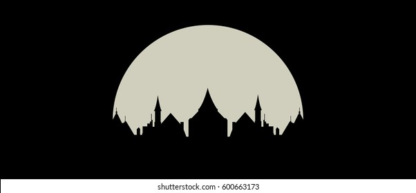 Vector cityscape silhouette over full moon illustration